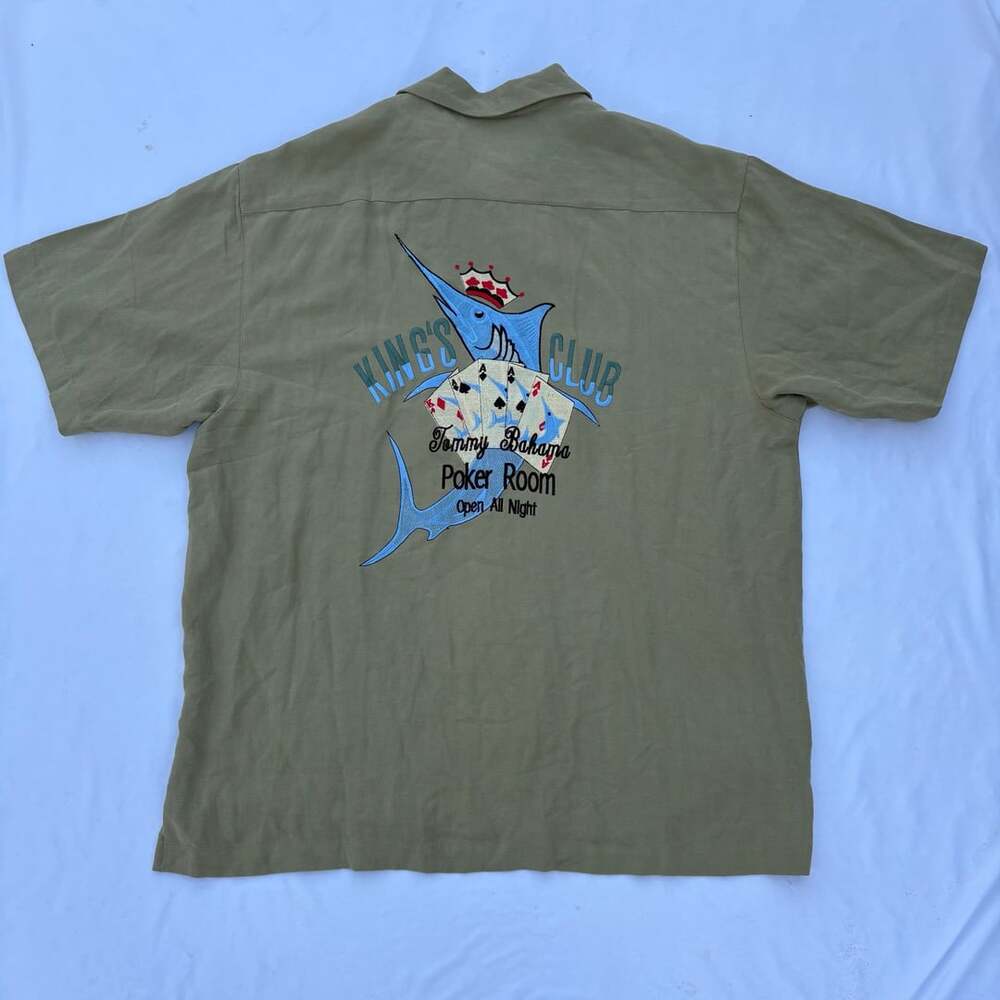 Tommy Bahama King's Club Poker Room Marlin Silk Camp Shirt Olive Green Size XL
